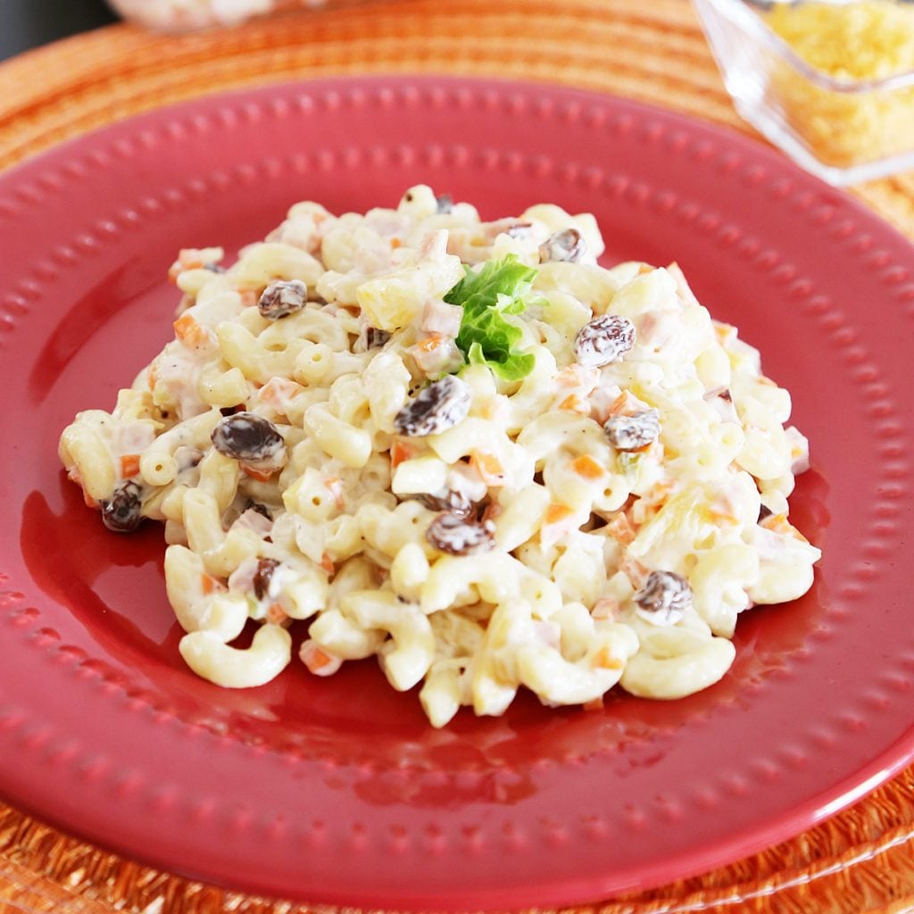 This is a Filipino Chicken Macaroni Salad recipe on a plate.