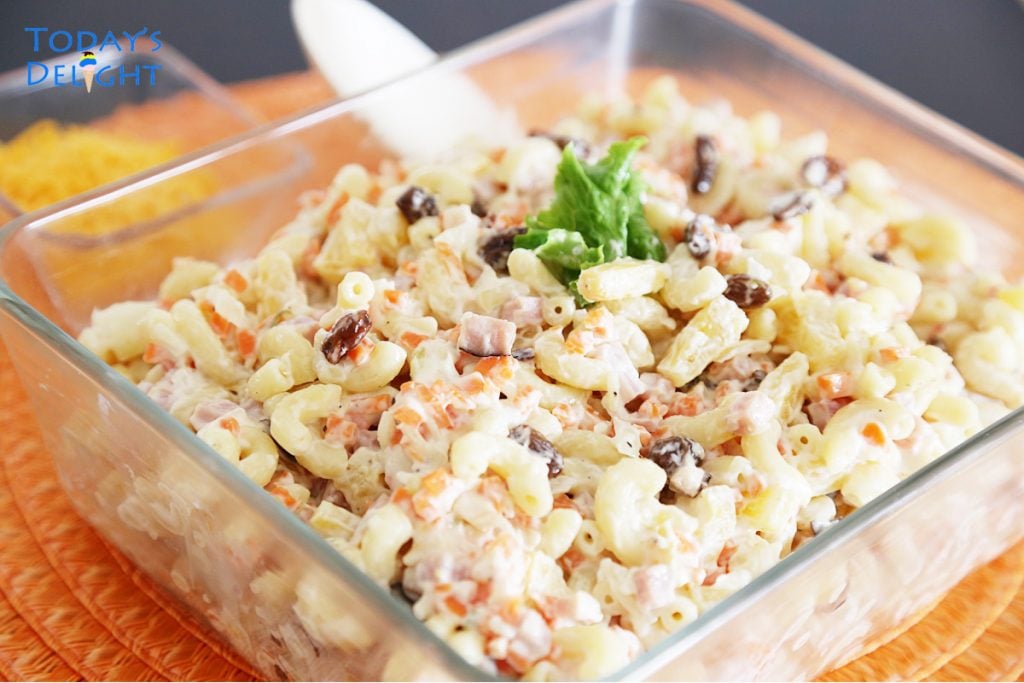 Filipino chicken macaroni salad in a pyrex.