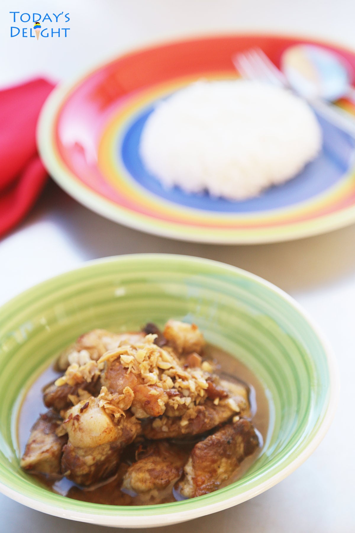 Filipino pork adobo in a bowl and a serving of rice on a plate.