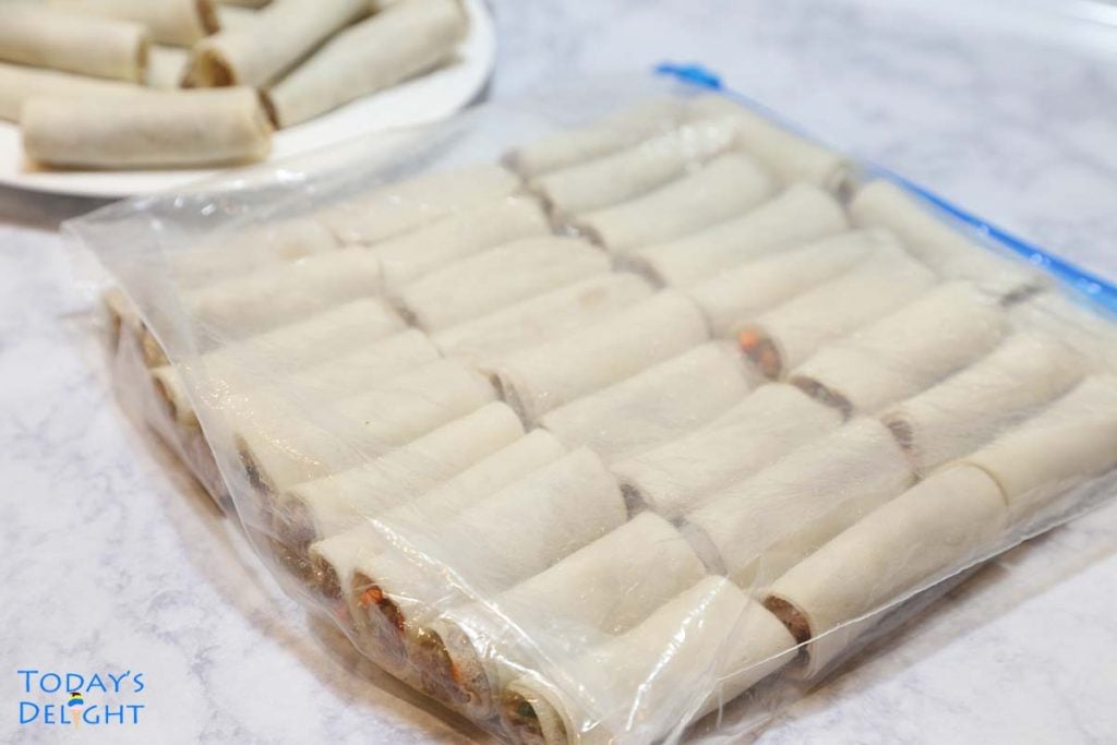 Uncooked Filipino spring roll pieces in a resealable ziplock bag.