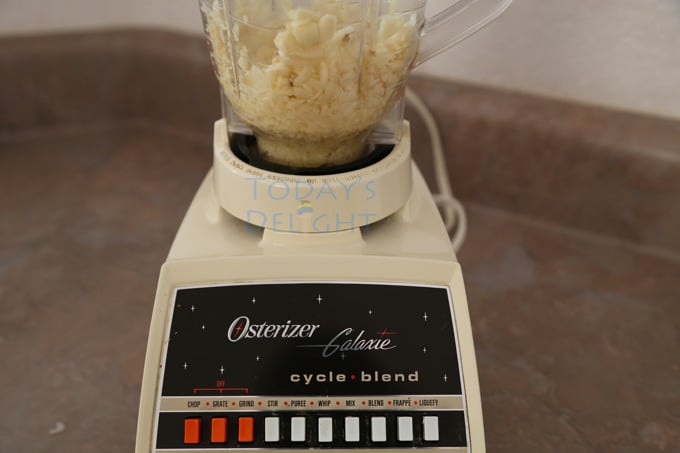 Peeled and minced garlic in a blender.