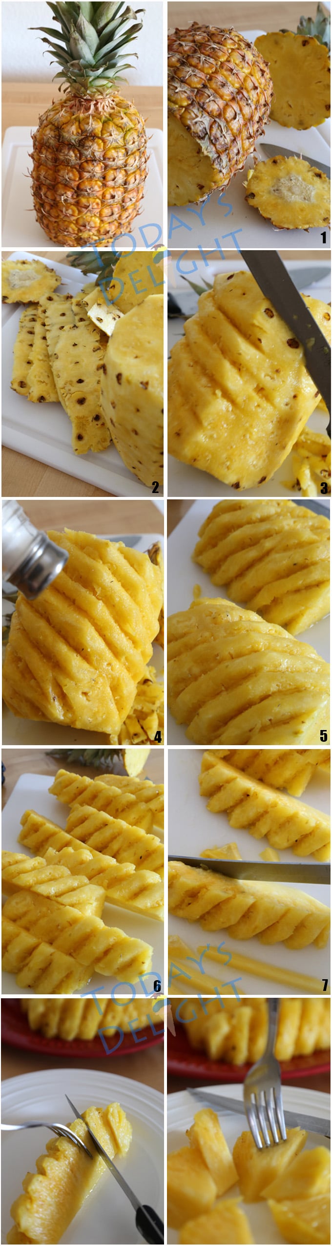 A collage showing how to peel a whole pineapple, removing the eyes and core, applying salt, slicing it vertically into pieces and finally slicing it into bite-size.