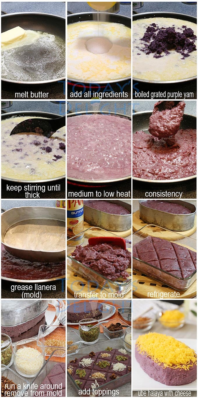 A collage of step by step how to make ube halaya or purple yam jam.