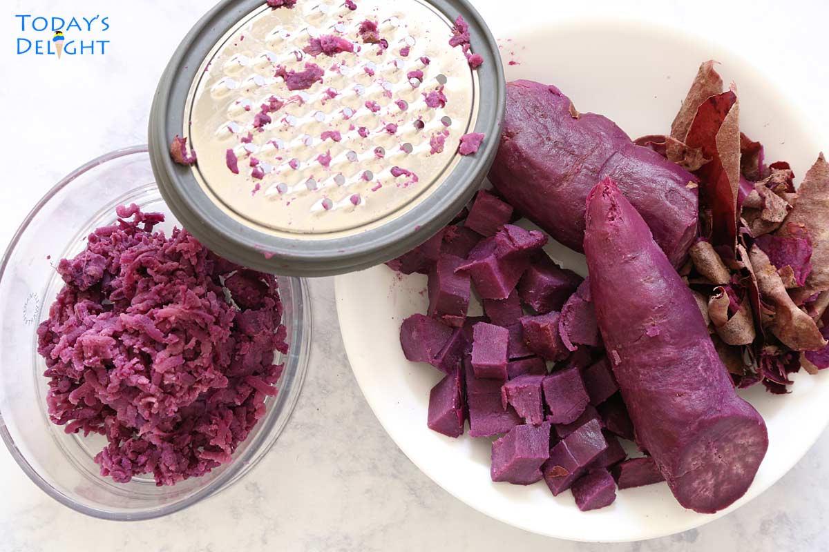 Peeled and grated stokes purple sweet potato tubers in separate bowls.