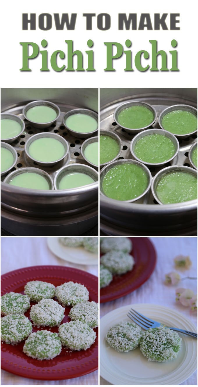 A diagram show 4 steps to make pichi pichi, 2 image of raw and cooked sweets in the molds and 2 more images of cooked pichi pichi dipped in grated coconut on a plate.