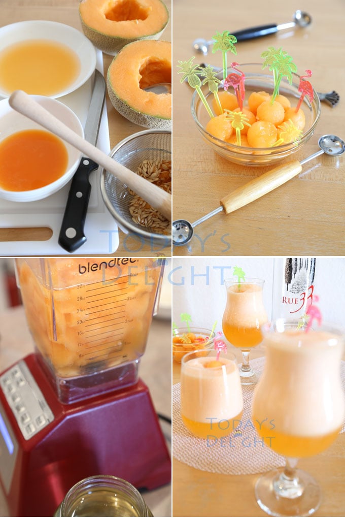 Four images to make Cantaloupe Vodka Cocktail. Cut melon and strain juice from seeds, melons ball on decorative toothpick, cantaloupe in the blender and 3 glasses of drinks with a bottle of vodka.