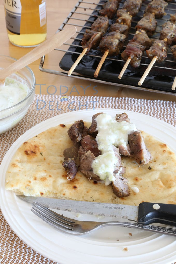 pork souvlaki in pita bread with tzatziki sauce