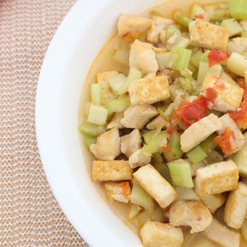 Chicken, Celery and Tofu Stir Fry in a serving platter.
