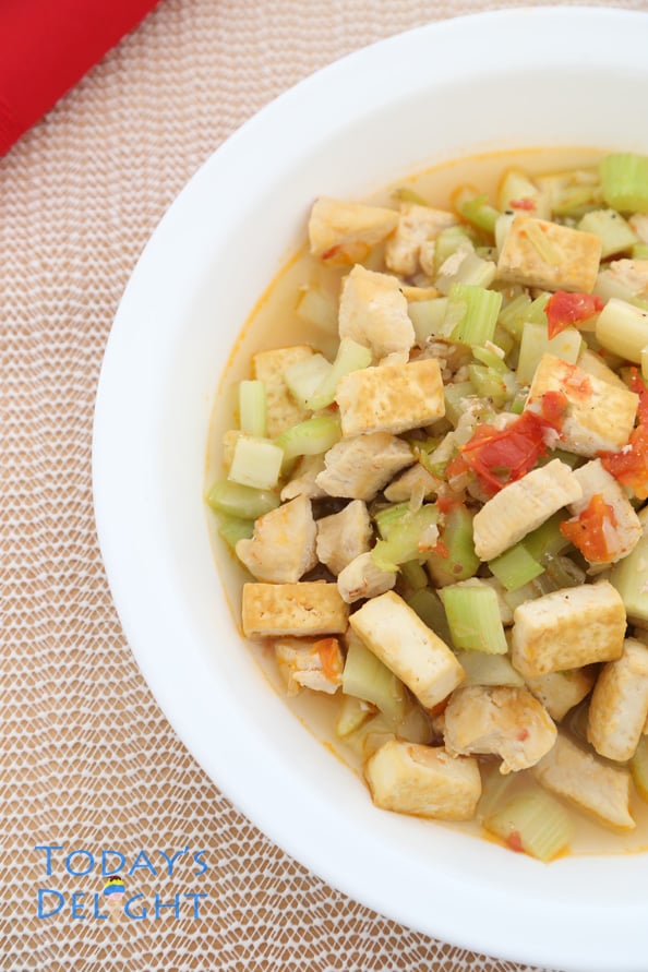 Chicken, Celery and Tofu Stir Fry in a serving platter.