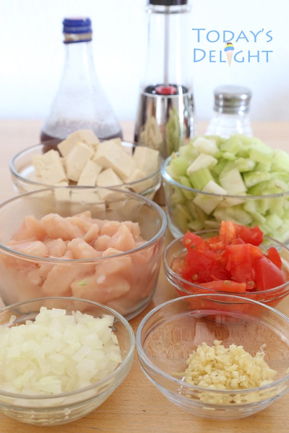 Ingredients to make this chicken celery and tofu stir fry.