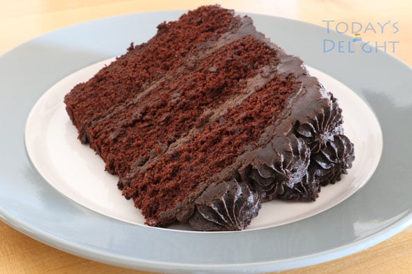 Slice of chocolate cake with chocolate cream cheese frosting on a plate.