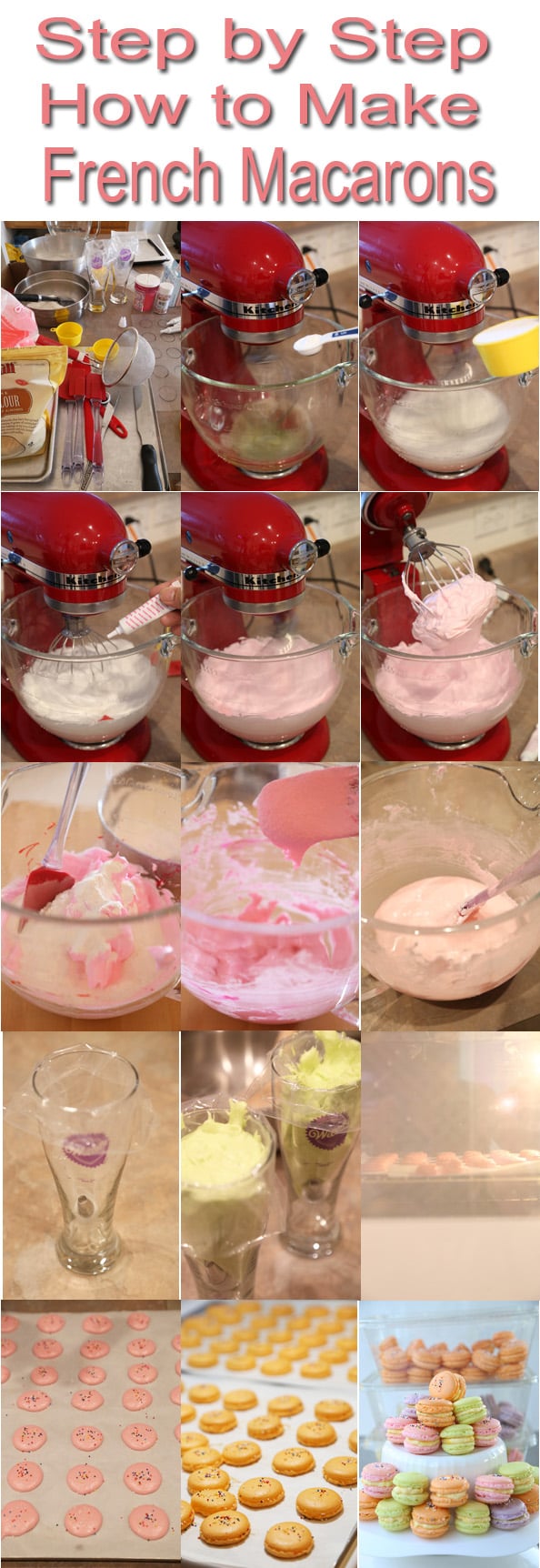 A diagram of fifteen images of step by step how to make French macarons. From mixing all the ingredients in the kitchenaid, then piping all the macarons and baking it.