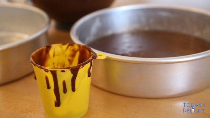 Chocolate cake batter in pan.
