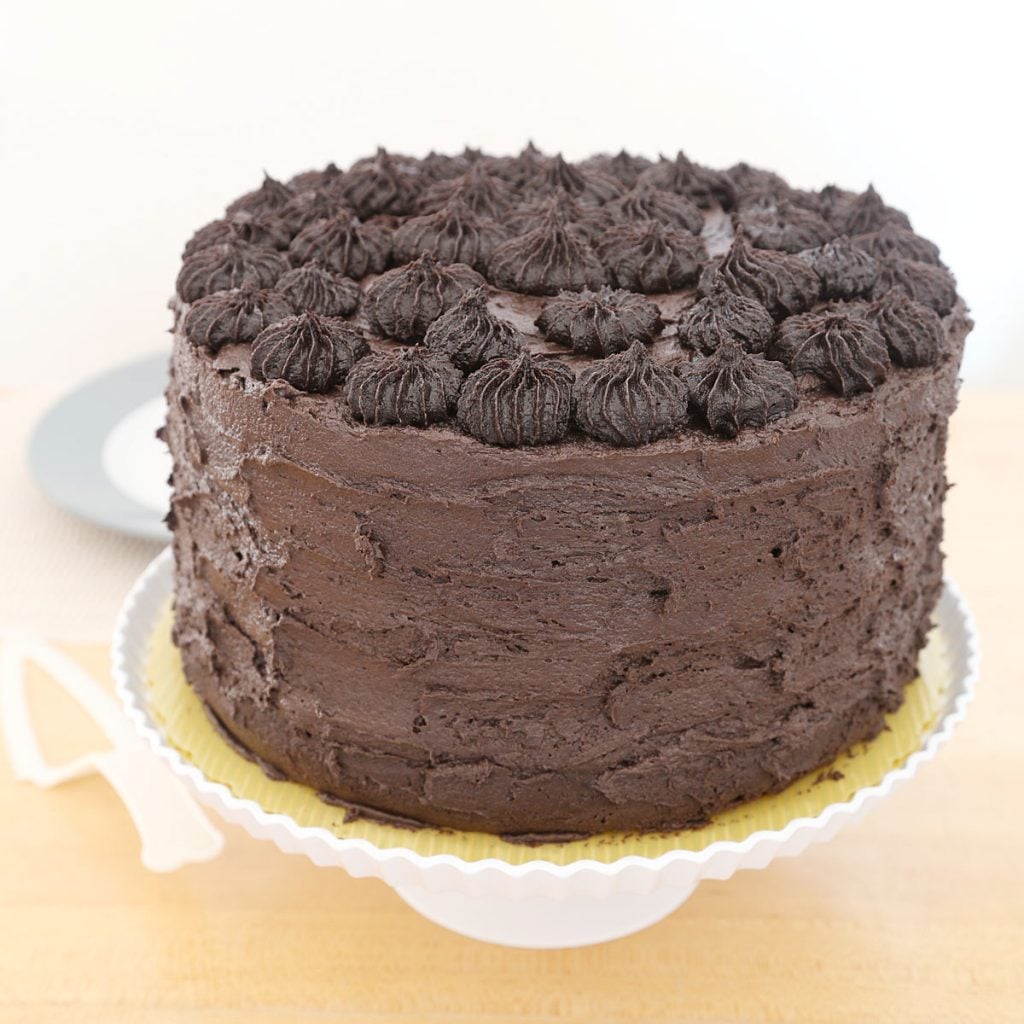 Whole moist chocolate cake on cake stand.