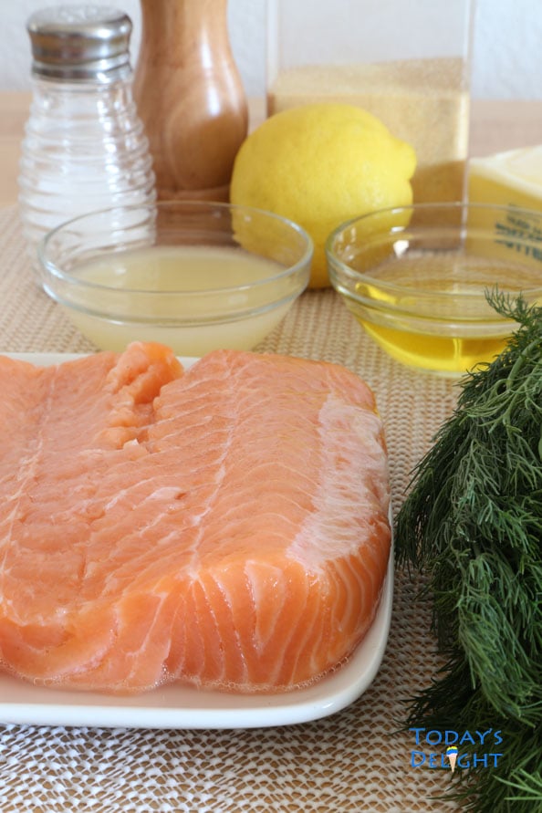 Ingredients to make this dish: salmon, butter, dill, lemon juice, one lemon, olive oil, salt, and pepper.