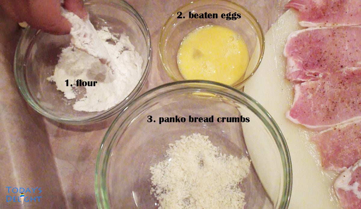 Seasoned pork loin cutlets are breaded with flour, beaten eggs and panko breadcrumbs.