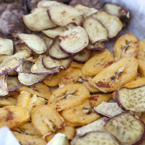 Slices of Pumpkin Spice Baked Sweet Potato and banana chips.