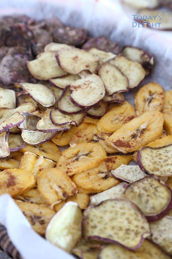 Slices of Pumpkin Spice Baked Sweet Potato and banana chips.