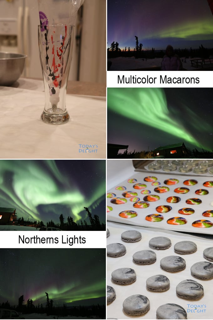 A diagram of the piping bag with gel colors in a tall glass, image of multicolored macarons and four images of the Northern Lights showing the resemblance of the cookies to the Northern Lights.