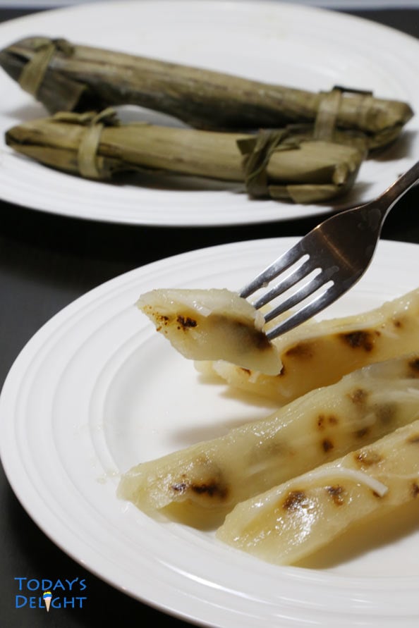 Cassava dessert or suman unwrapped & sliced.