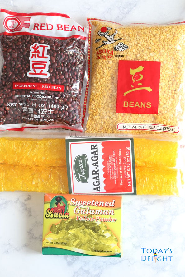 Some of the ingredients are mung beans, red beans, and agar-agar or gulaman.