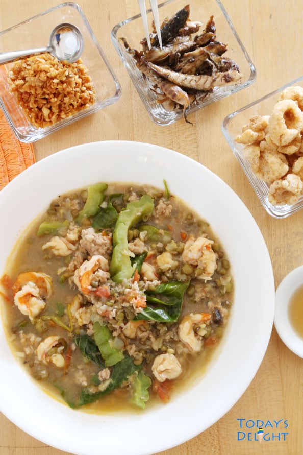 Ginisang Munggo with Chicharon and Toasted Garlic also known as sautรฉed mung bean stew is Today's Delight
