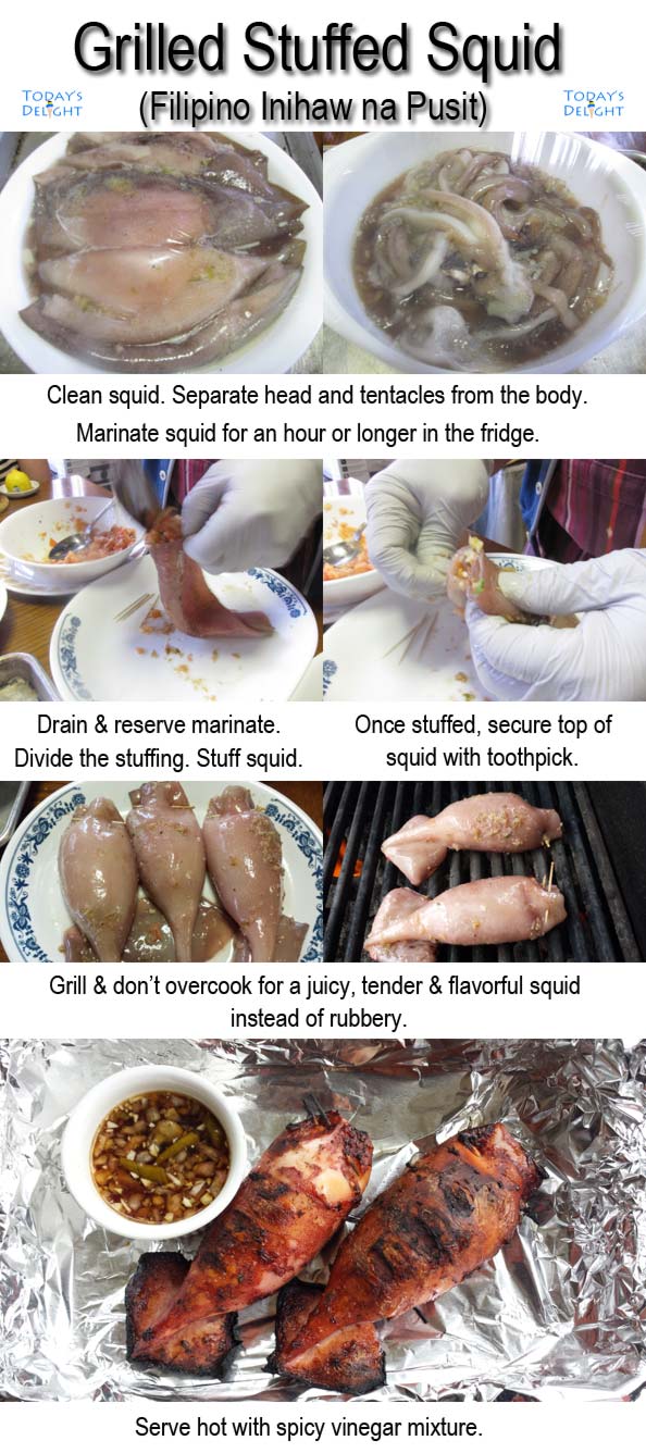 Squid stuffed and grilled is Today's Delight.