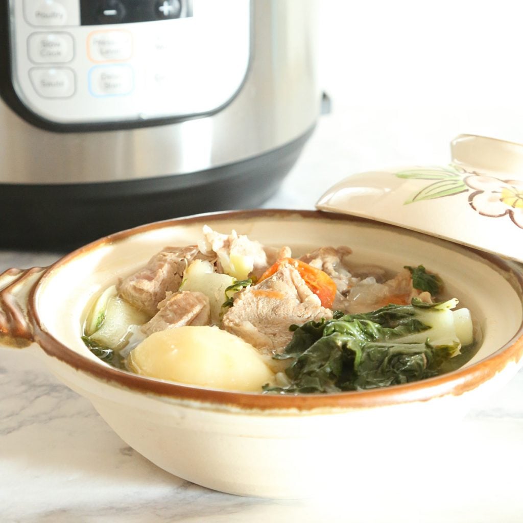 A bowl of sinigang na baboy (pork sour soup) and instant pot is Today's Delight.