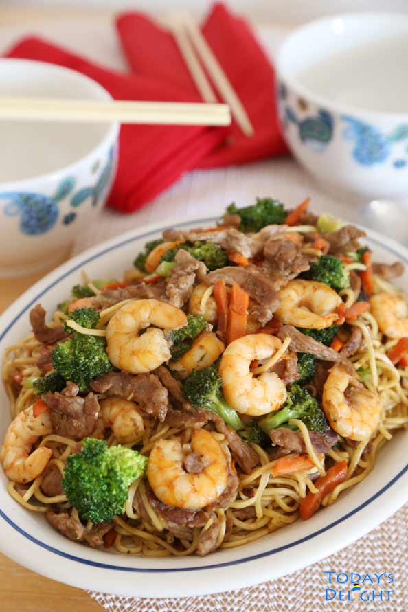 Pork Shrimp Vegetable Lo Mein in a serving plate.