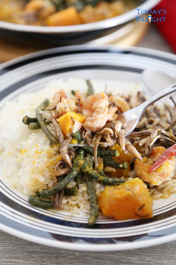 Squash, Long Beans & Shrimp in Coconut Milk over white rice is Today's Delight