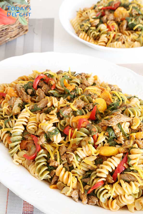 Rotini pasta with beef and vegetables