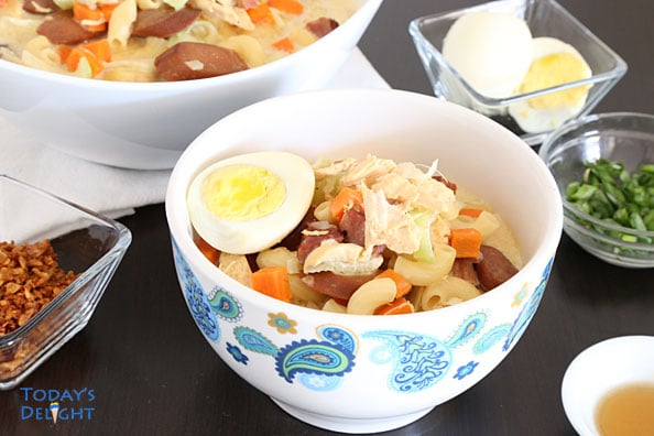 Creamy chicken macaroni soup, Filipino style with hardboiled egg