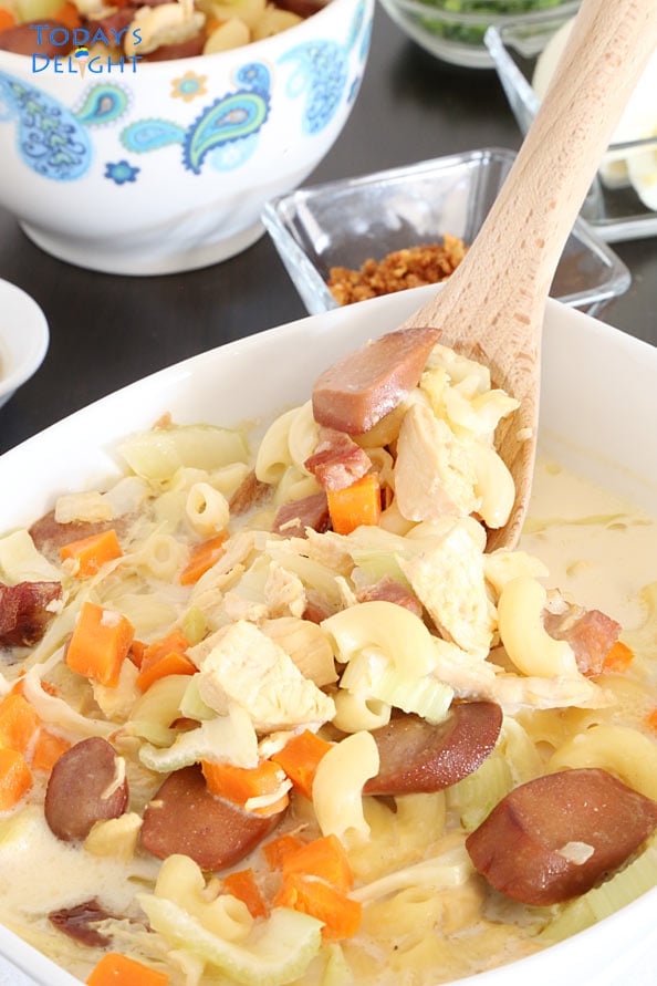 A bowl of Filipino Chicken Sopas (Macaroni Soup)