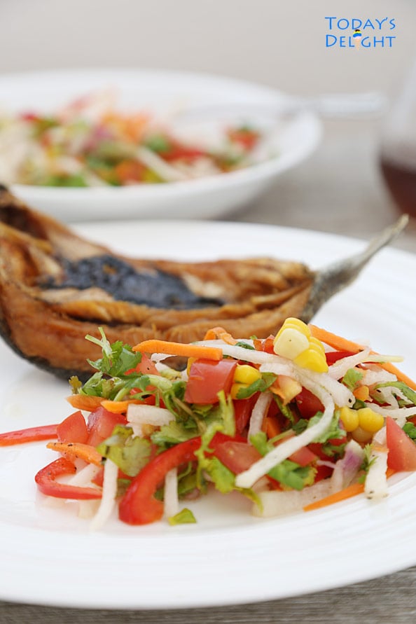 Filipino Singkamas Salad (Jicama Salad) paired with fried fish is Today's Delight