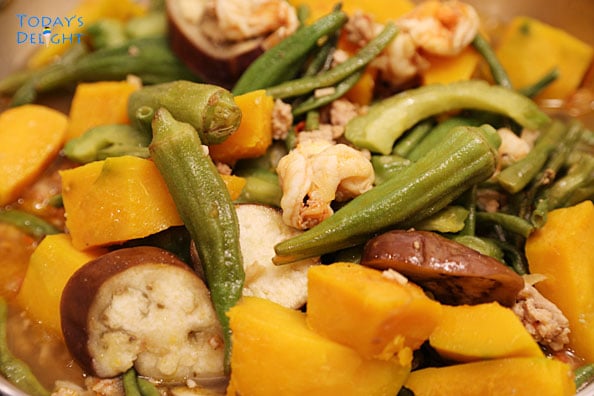 Pinakbet is cooked vegetable with pork and shrimp
