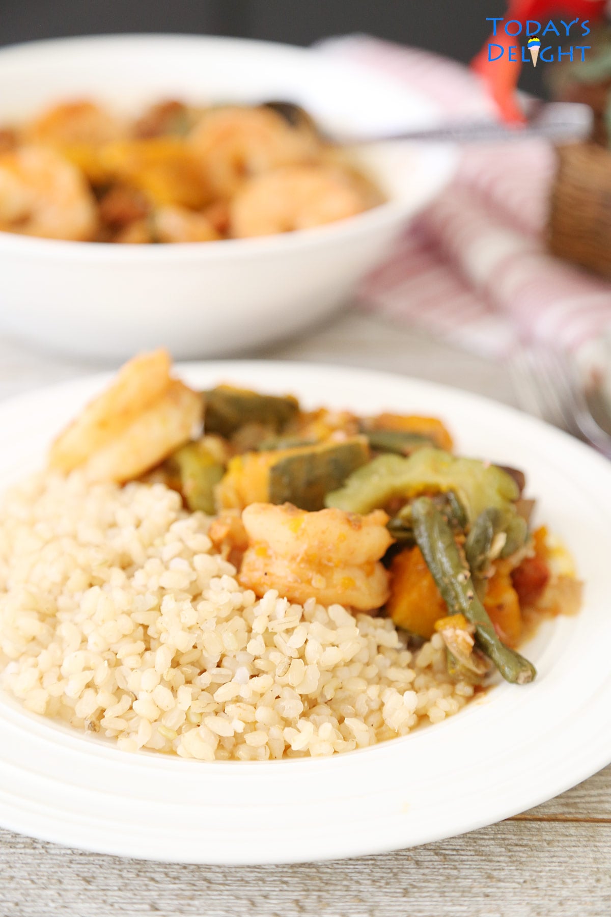 Pakbet dish (mixed veggies with shrimp) and brown rice.