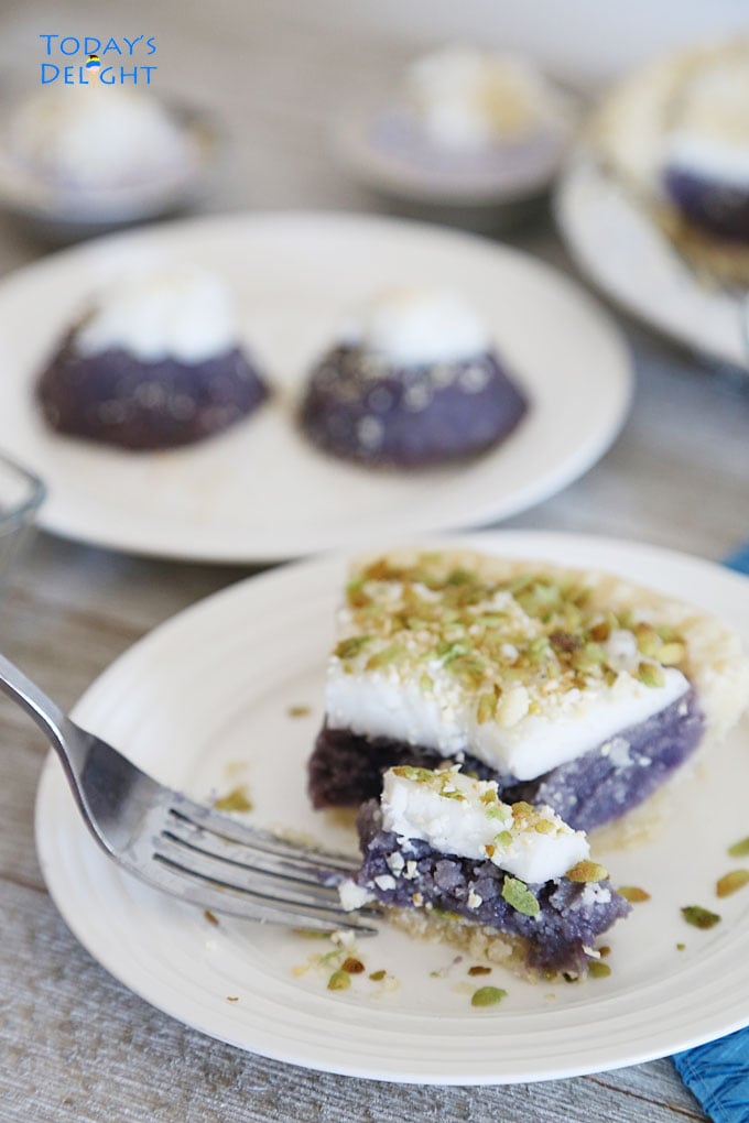 A bite of the purple sweet potato dessert
