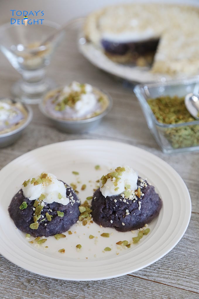 Crustless purple sweet potato topped with haupia and macadamia nuts and toasted pinipig