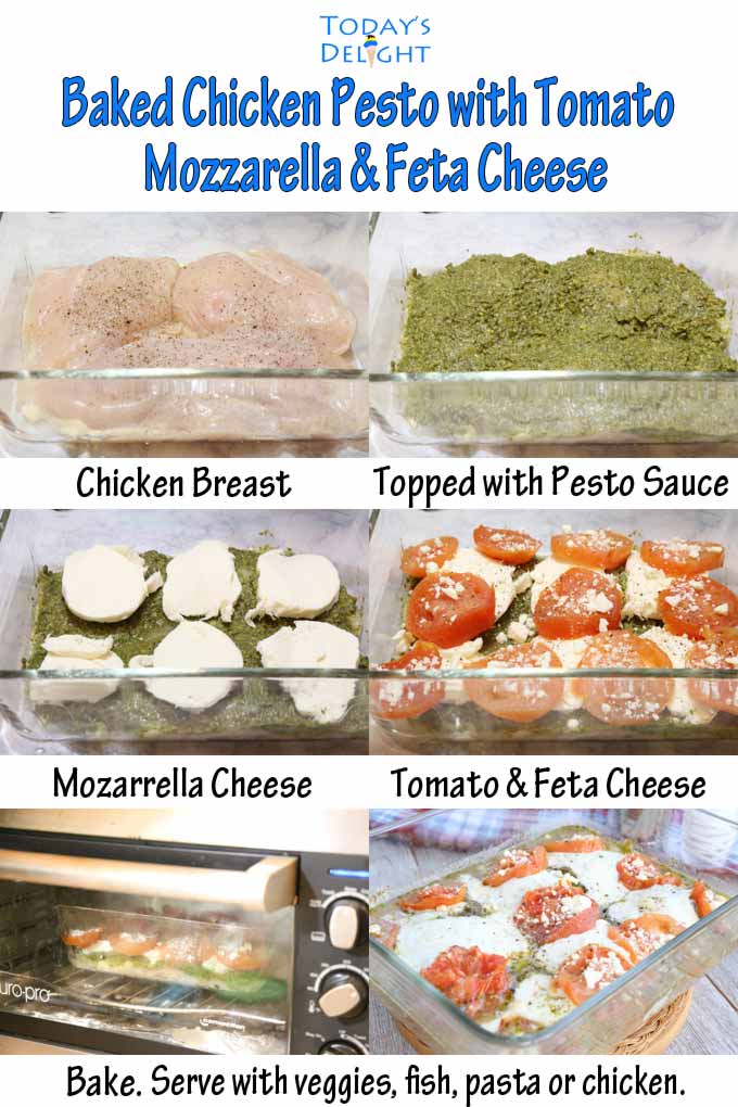 Steps with 6 images to make pesto chicken bake.
