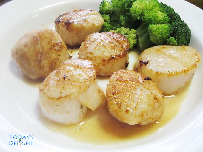 Plated cooked scallops with broccoli