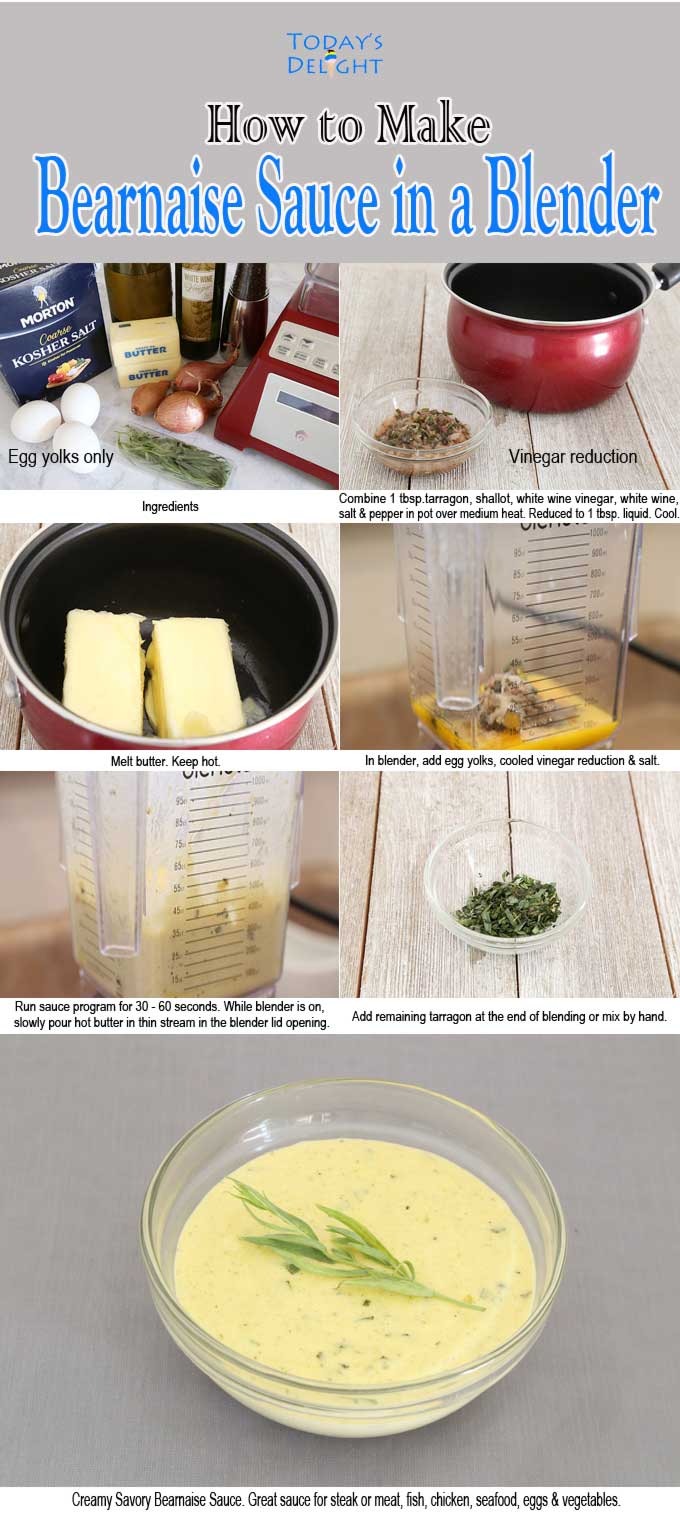 7 images showing steps to make French bearnaise sauce in the blender.