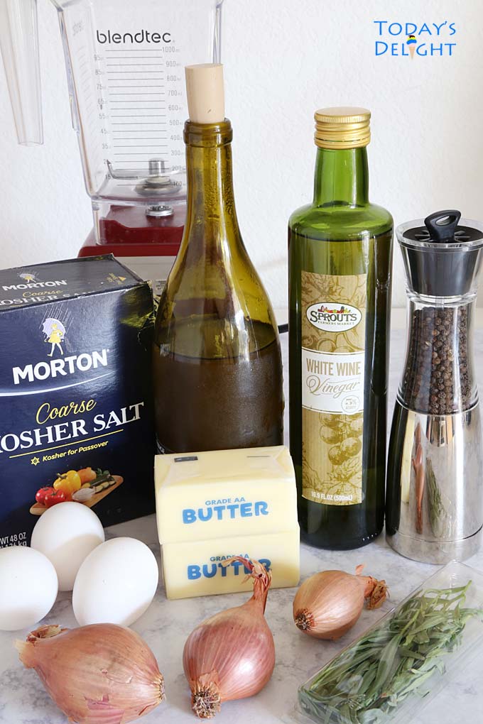 Ingredients to make bearnaise sauce and a blender.