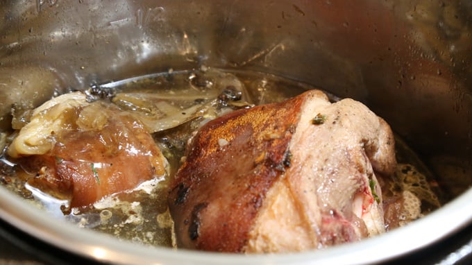 Pork hock is braised in broth, sugar and spices.