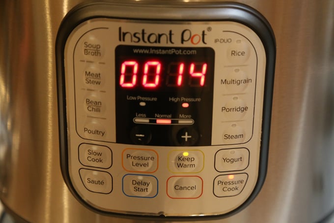 Instant Pot set to pressure cook at 14 minutes.