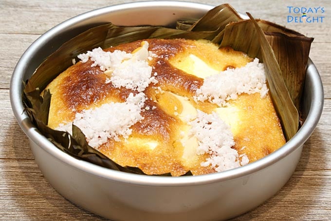 Bibingka, Filipino baked rice cake topped with salted eggs, cream cheese and grated coconut.