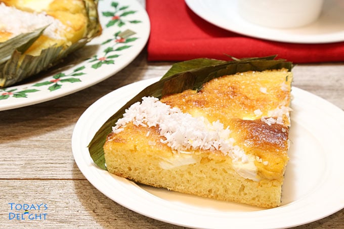 A slice of bibingka, a Filipino baked rice cake.