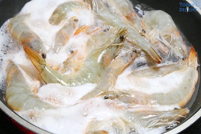 Boil shrimp in Sprite, 7UP or water and salt.