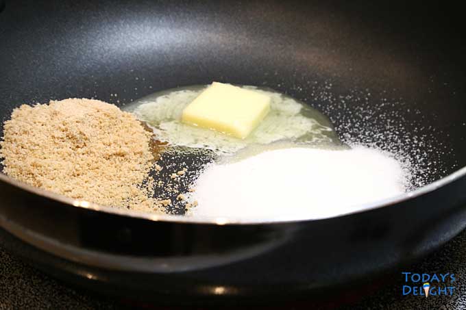 White & brown sugar & butter in a skillet to make candied walnuts.