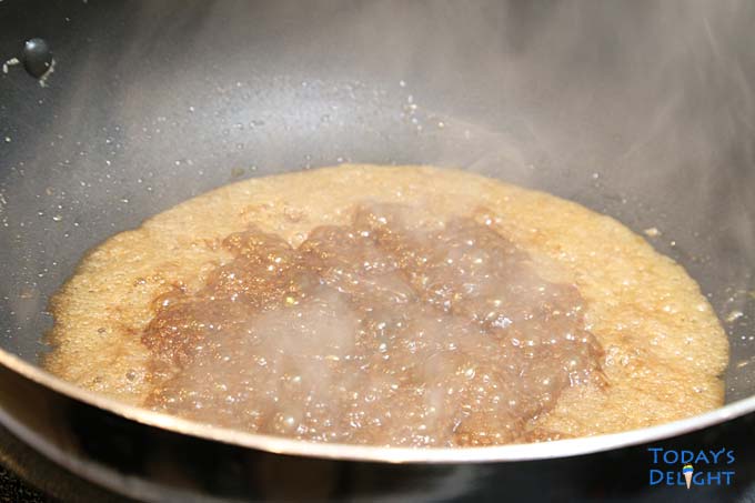 Ingredients are starting to caramelized turning to dark syrup.