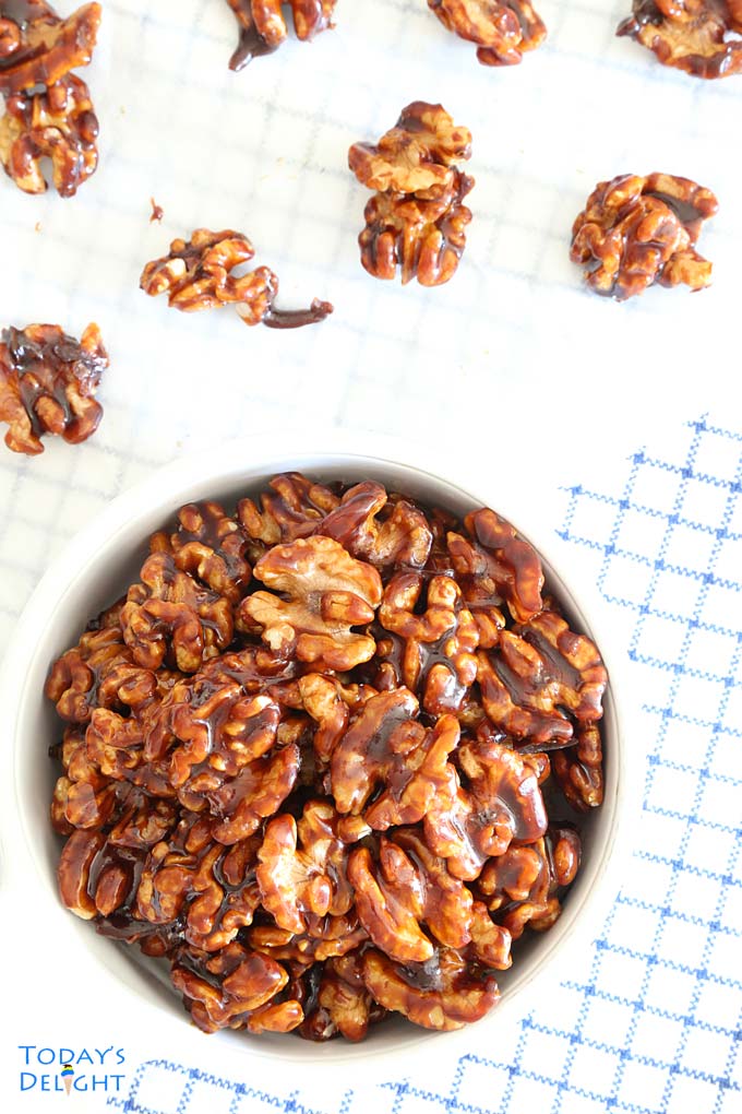 Candied walnuts in a bowl.